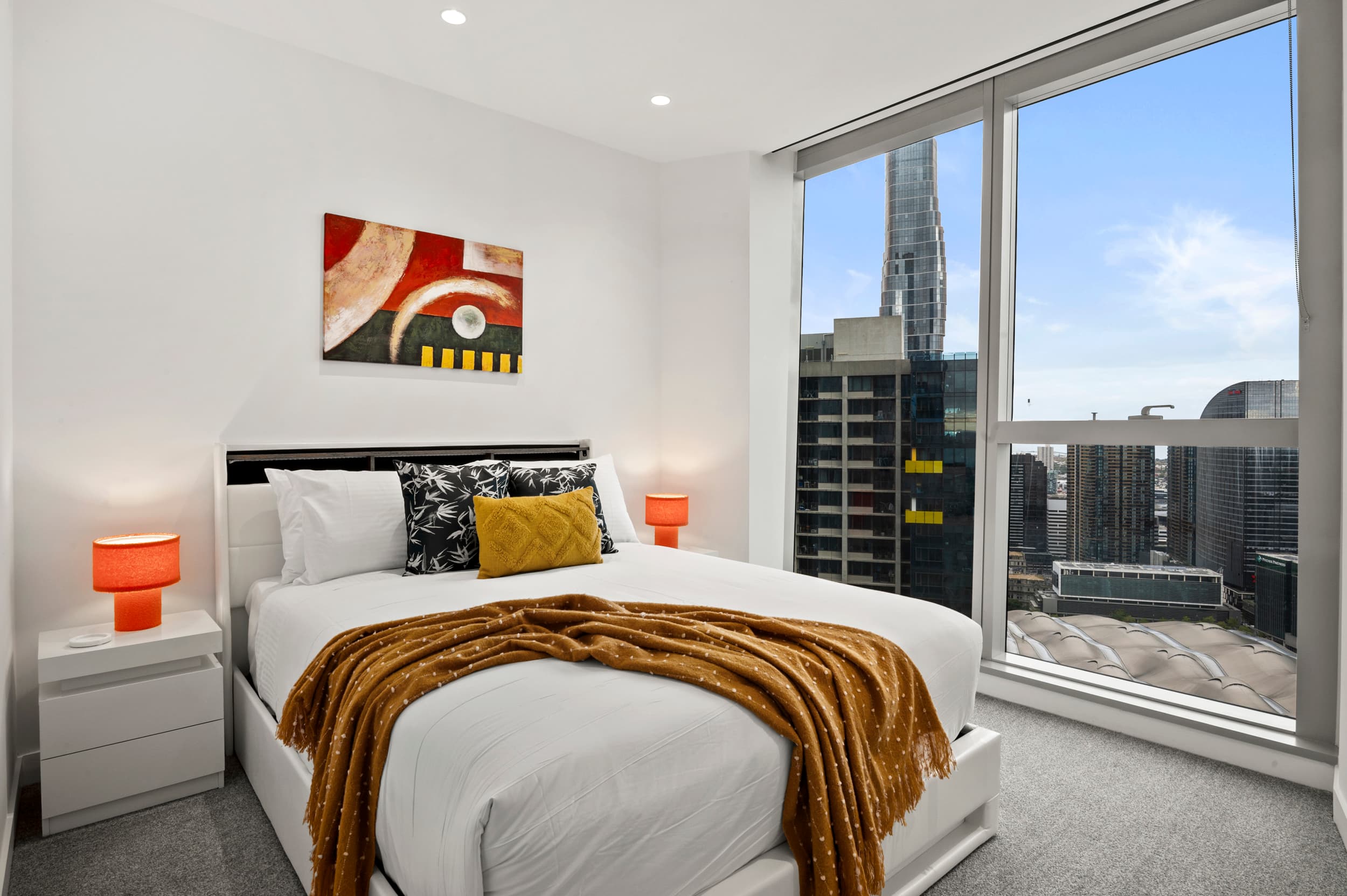 Master bedroom in 3-bedroom Melbourne CBD apartment sleeping up to 8 guests