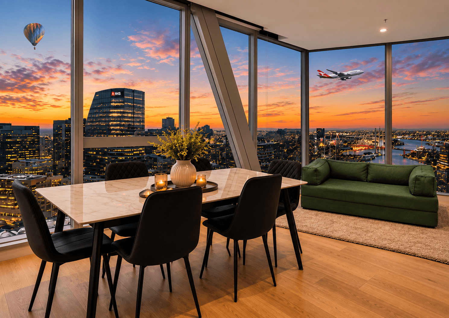 Dining area with panoramic sunset views over Melbourne CBD and bay at Havenly Escape