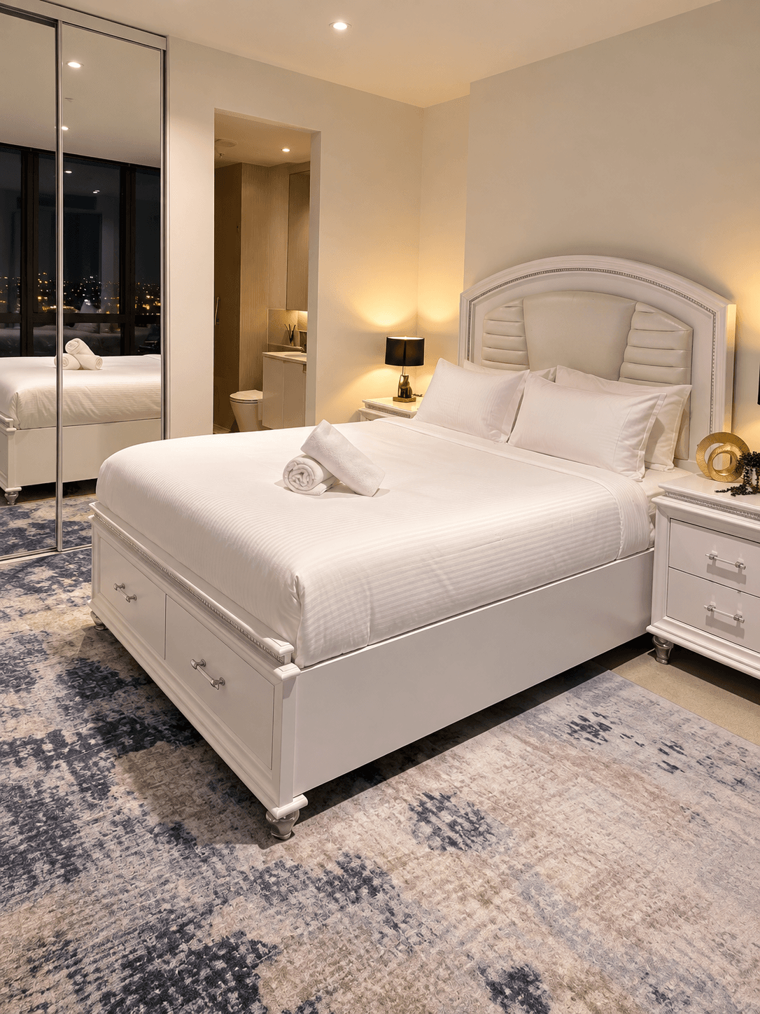 Luxury master bedroom suite with premium white linens, integrated bedside storage, and ensuite access