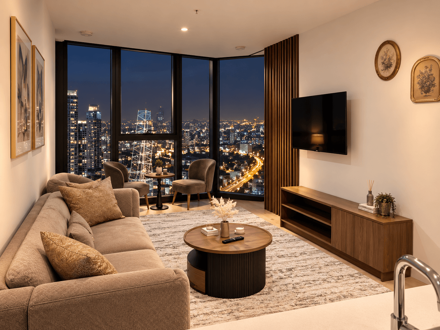 Atmospheric evening living area with ambient lighting, timber console, and sparkling night city views