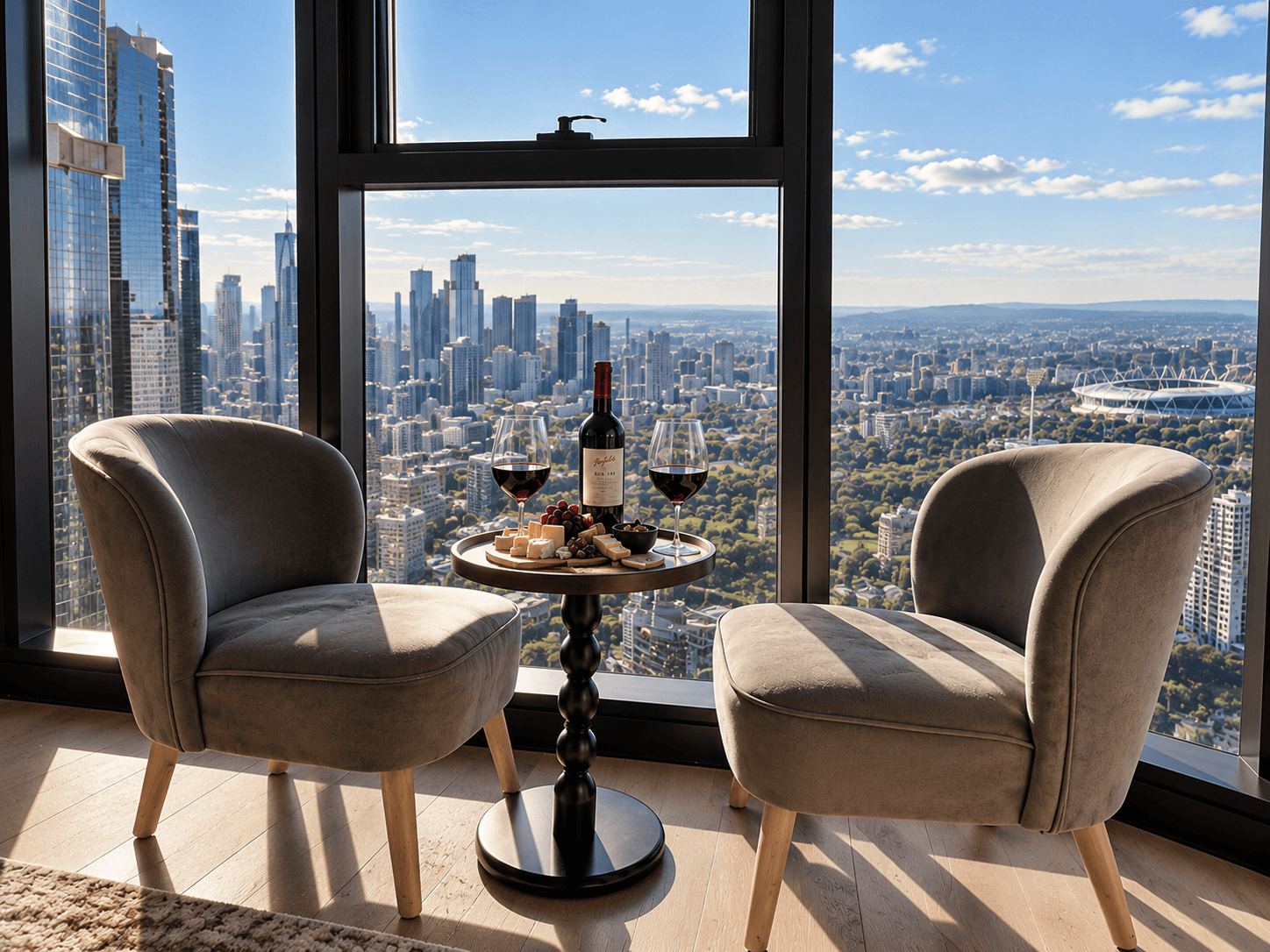 Relaxing window nook framing sweeping daylight panoramas over Melbourne CBD and parklands