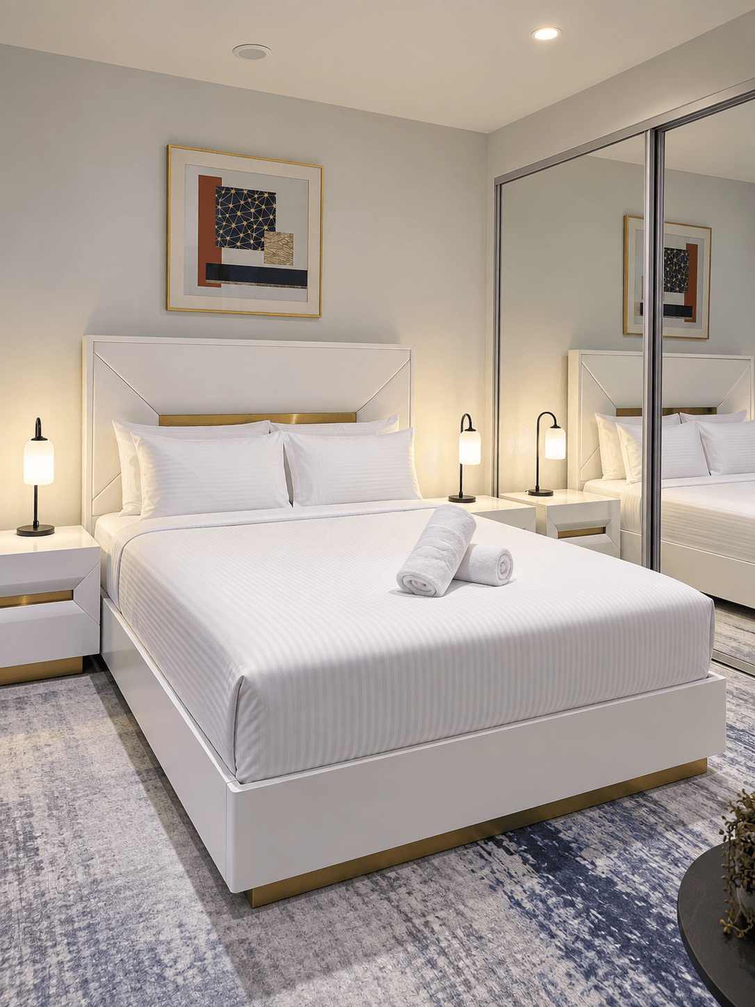 Second luxury queen bedroom suite with crisp white bedding, bedside lamps, and mirrored built-in robes