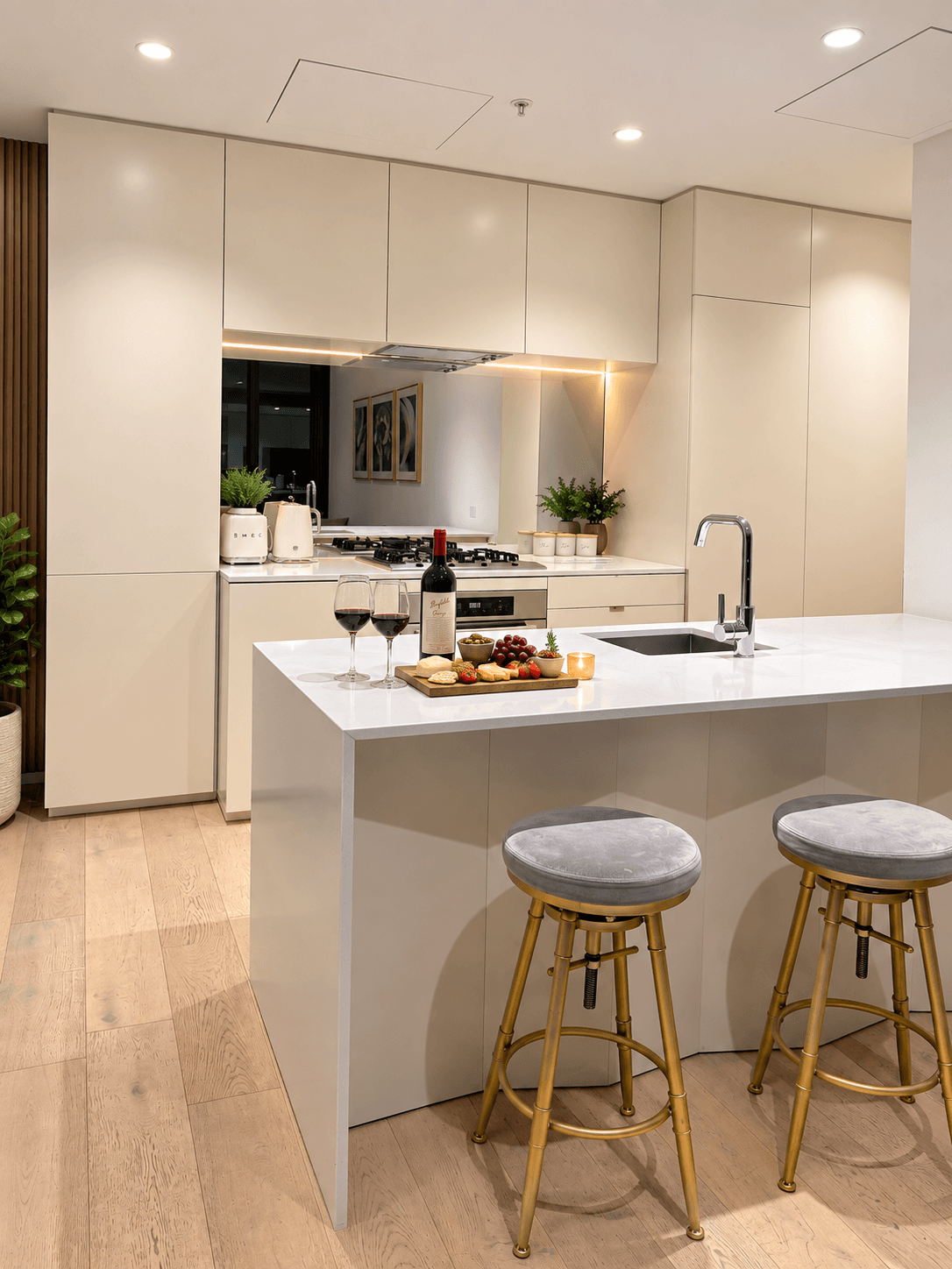 Sleek contemporary kitchen island with stone benchtops, gas cooktop, and velvet barstools