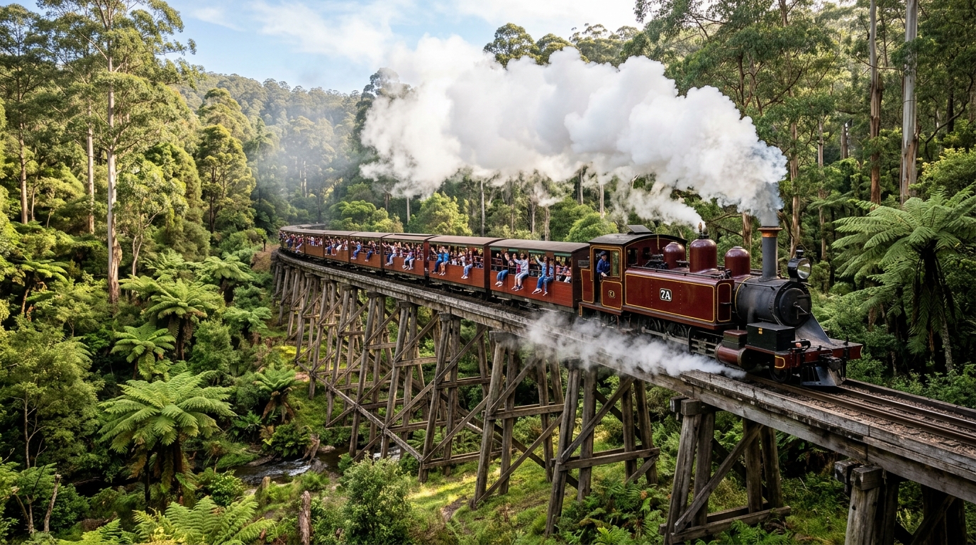 Historic Puffing Billy steam train crossing the wooden trestle bridge in the Dandenong Ranges rainforest