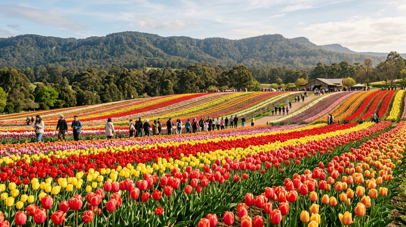 Spectacular rows of blooming tulips at the Tesselaar Tulip Festival in Silvan with the Dandenong Ranges