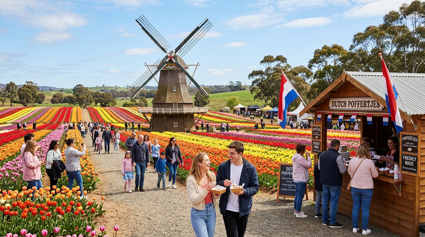 Authentic Dutch windmill and poffertjes food stalls at the Tesselaar Tulip Festival in Silvan