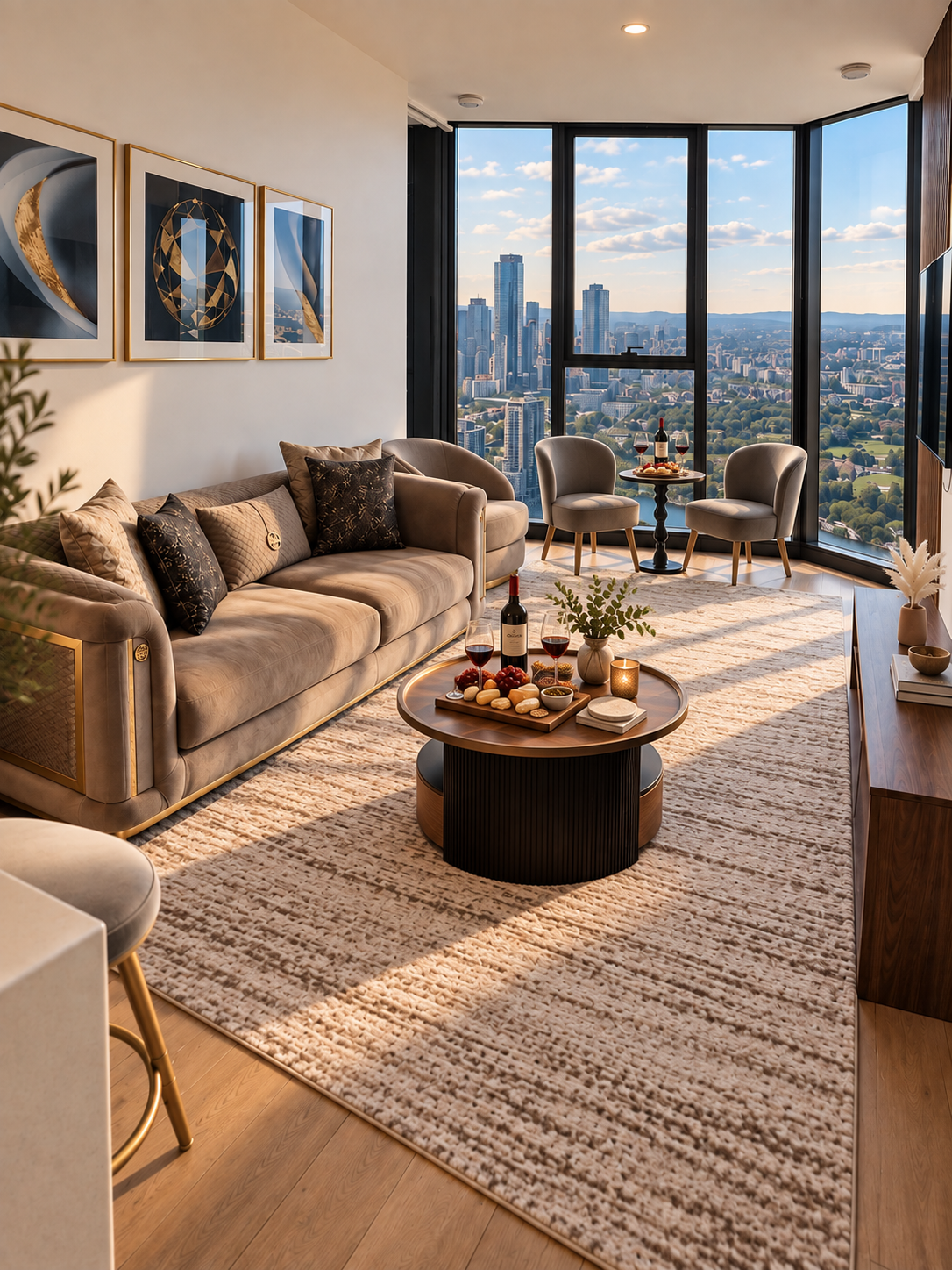 Sunlit designer open-plan living room at Havenly Escape Melbourne Square